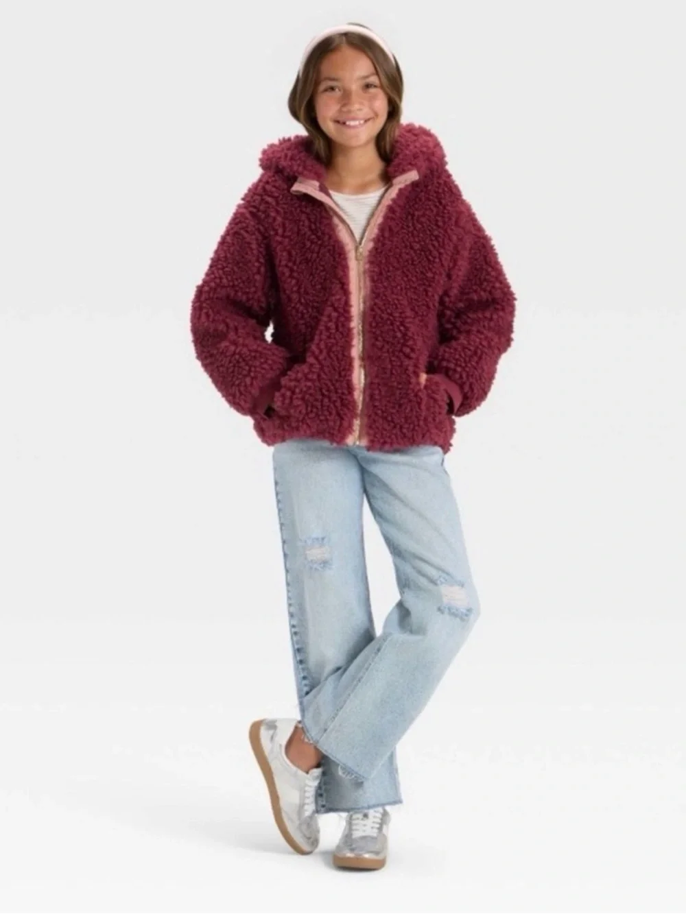 Girls' Cozy Sherpa Hooded Jacket - Burgundy